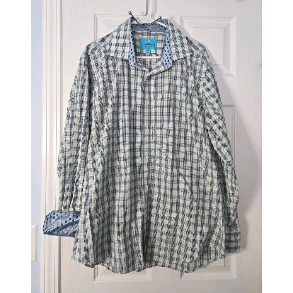 CHRISTIAN AUJARD Paris Men's Flip Cuff‎ Blue/White Plaid Shirt Size: XL